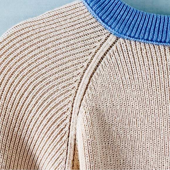 Contrast Collar Cotton Cardigan Sweater Cream Blue Size Small - Picture 5 of 9